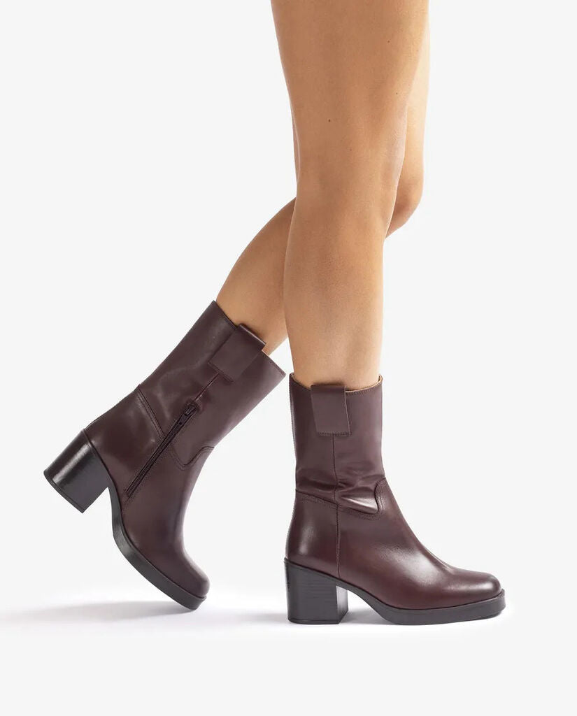 Brown Leather Mid-Calf Boots with Block Heel