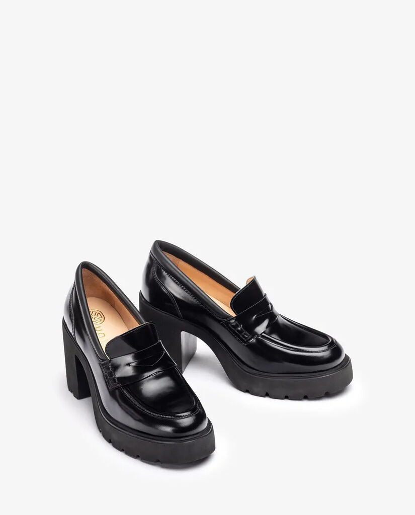 Black Glossy Loafer with Chunky Heel