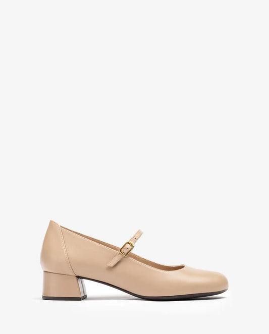 Beige Leather Mary Jane Block Heel
