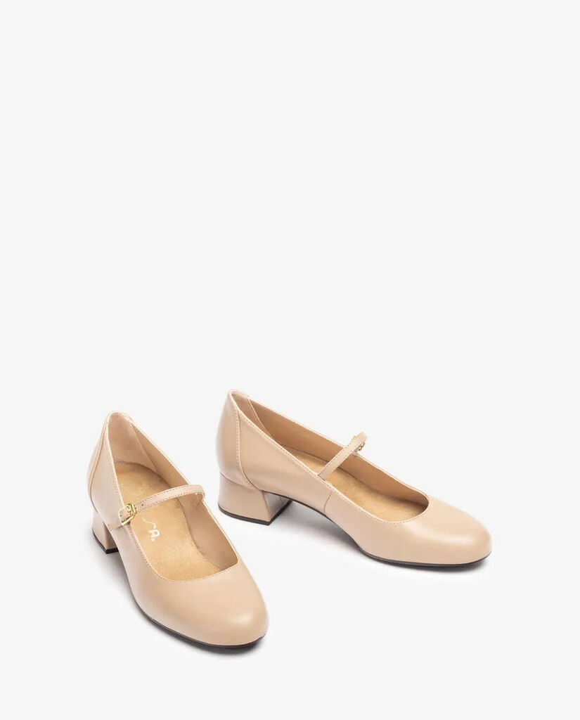 Beige Leather Mary Jane Block Heel