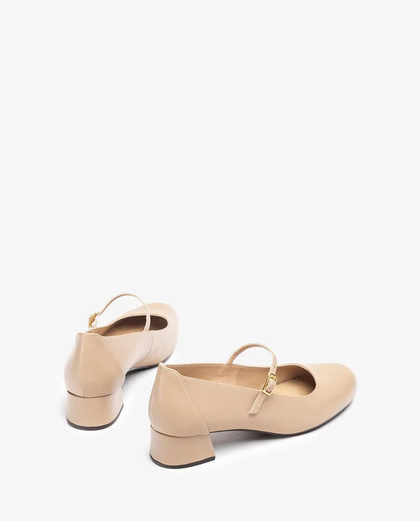 Beige Leather Mary Jane Block Heel