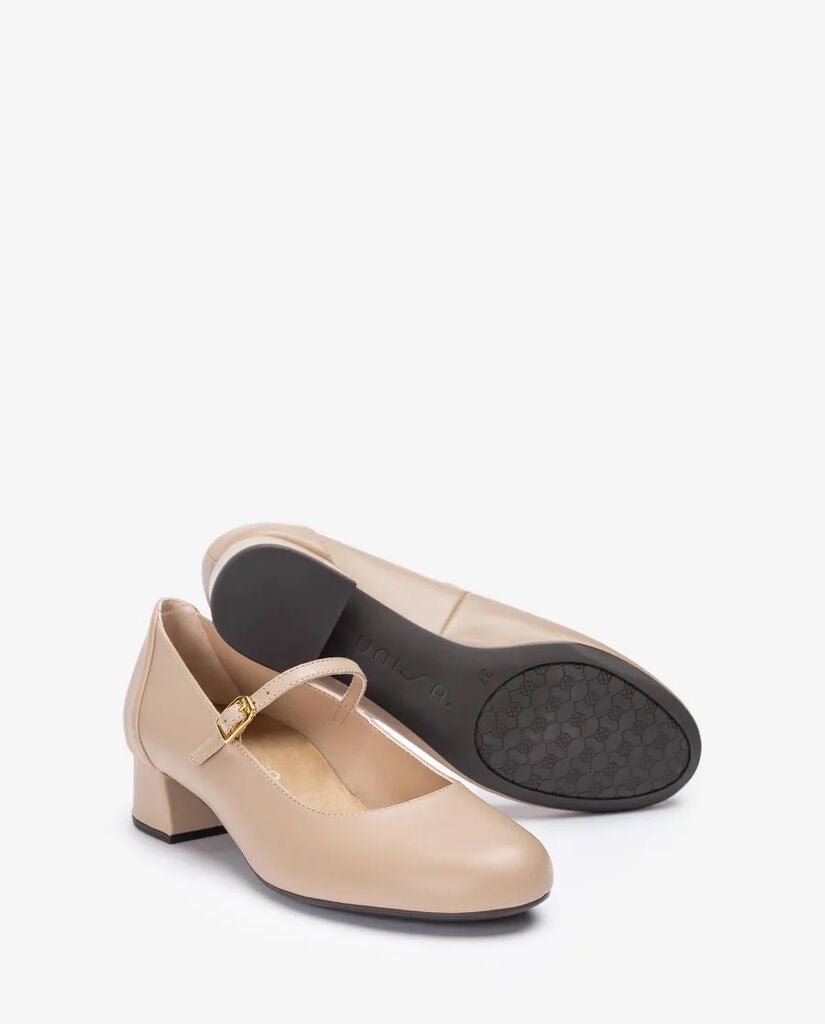 Beige Leather Mary Jane Block Heel