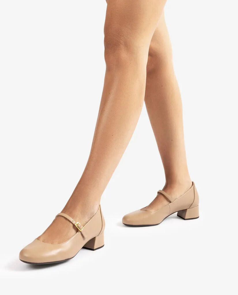 Beige Leather Mary Jane Block Heel