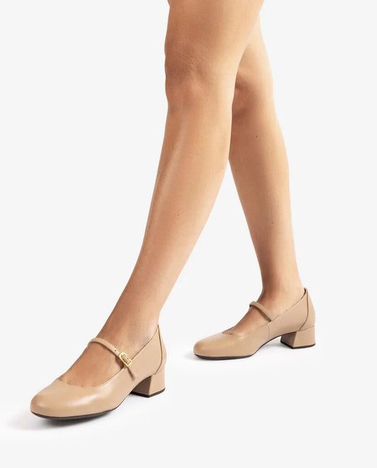 Beige Leather Mary Jane Block Heel
