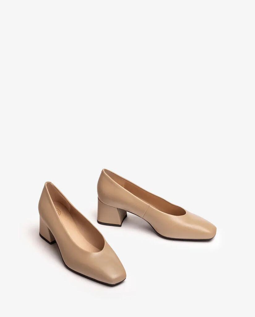 Beige Leather Block Heel Shoes