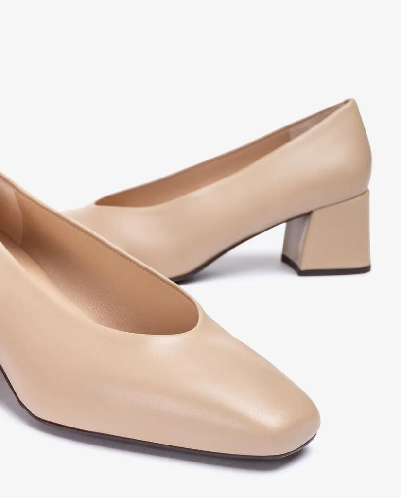 Beige Leather Block Heel Shoes