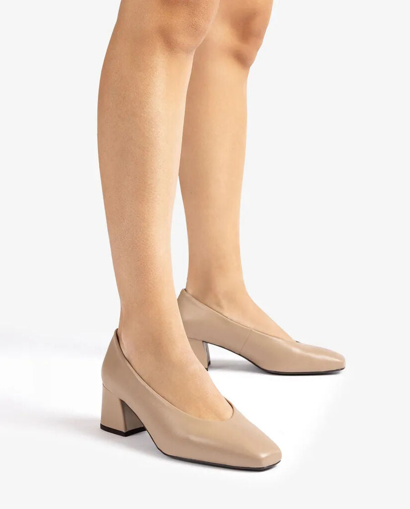 Beige Leather Block Heel Shoes