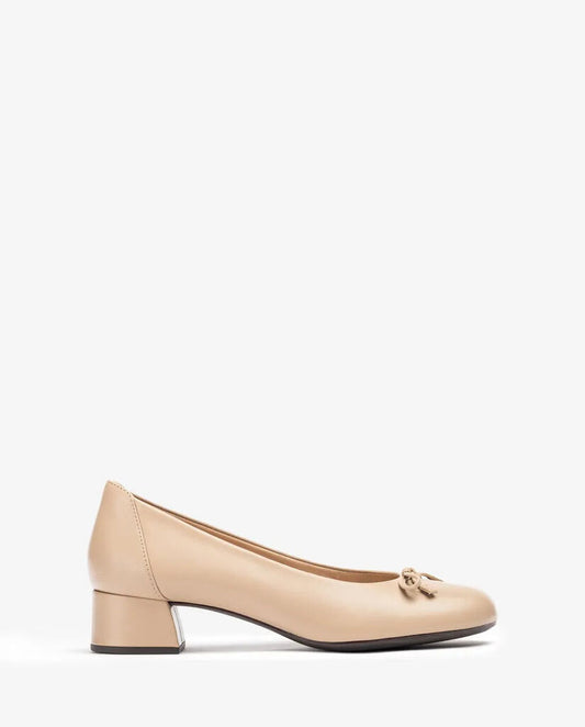 Beige Bow Accent Low Heel Pumps