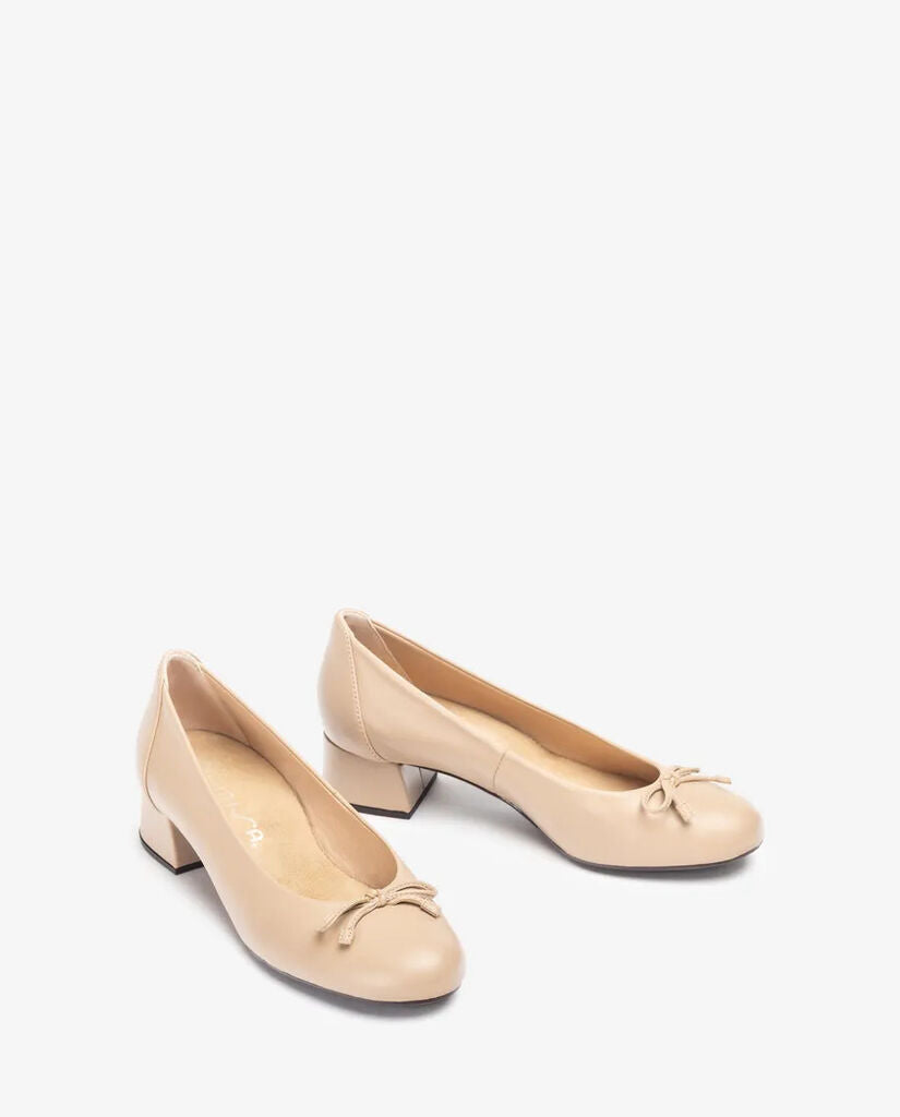 Beige Bow Accent Low Heel Pumps