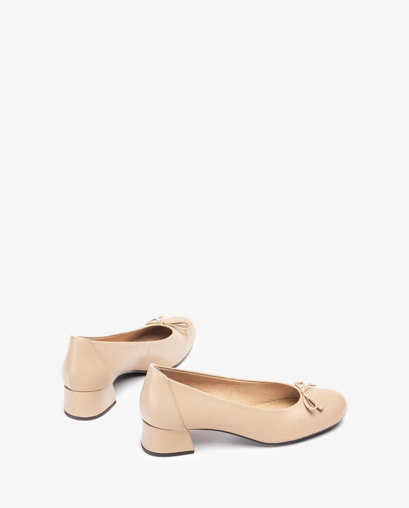 Beige Bow Accent Low Heel Pumps
