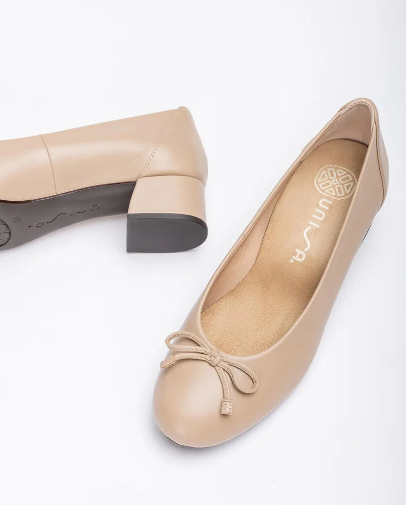 Beige Bow Accent Low Heel Pumps