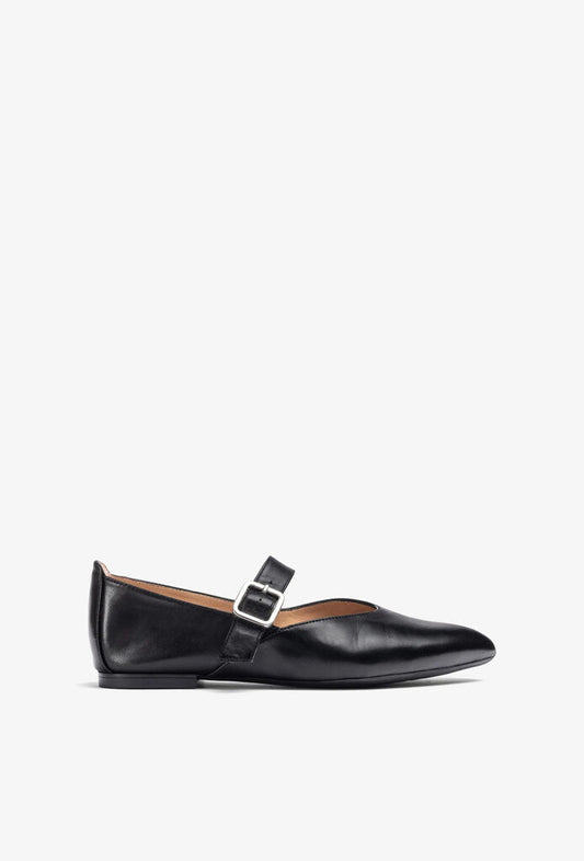 Black Leather Flats with Buckle Strap