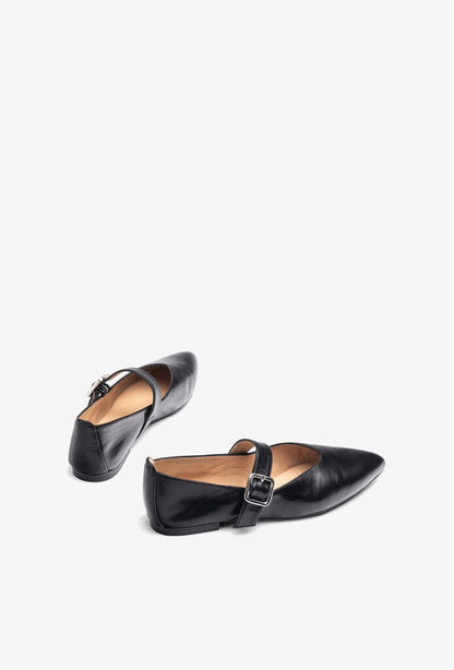 Black Leather Flats with Buckle Strap