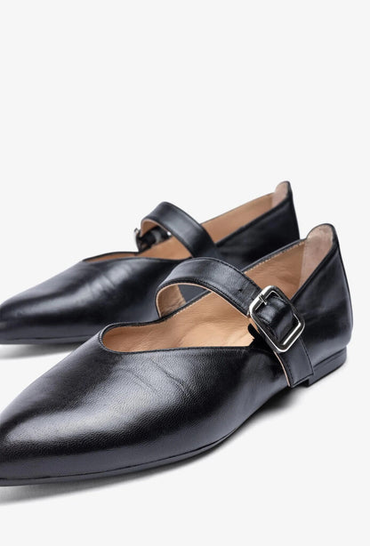 Black Leather Flats with Buckle Strap