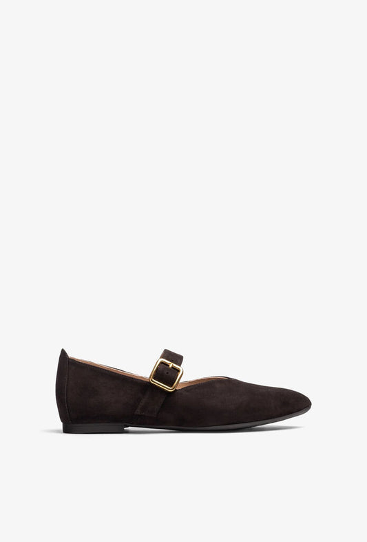 Dark Suede Mary Jane Flats with Gold Buckle