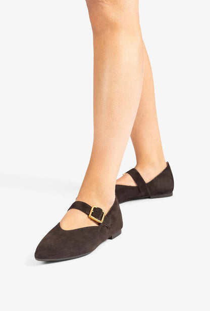 Dark Suede Mary Jane Flats with Gold Buckle