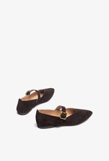 Dark Suede Mary Jane Flats with Gold Buckle