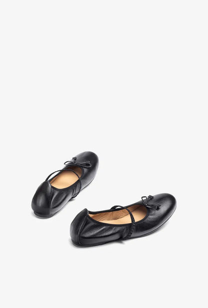 Black Leather Ballet Flats with Strap