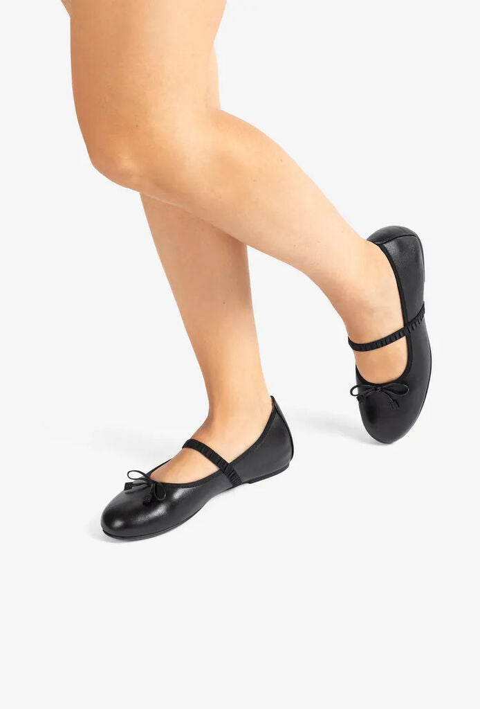 Black Leather Ballet Flats with Strap