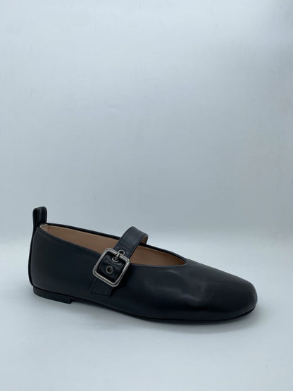 Black Leather Ballerina Flats with Buckle Detail