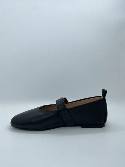 Black Leather Ballerina Flats with Buckle Detail