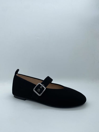 Black Velvety Mary Jane Flats with Buckle Detail
