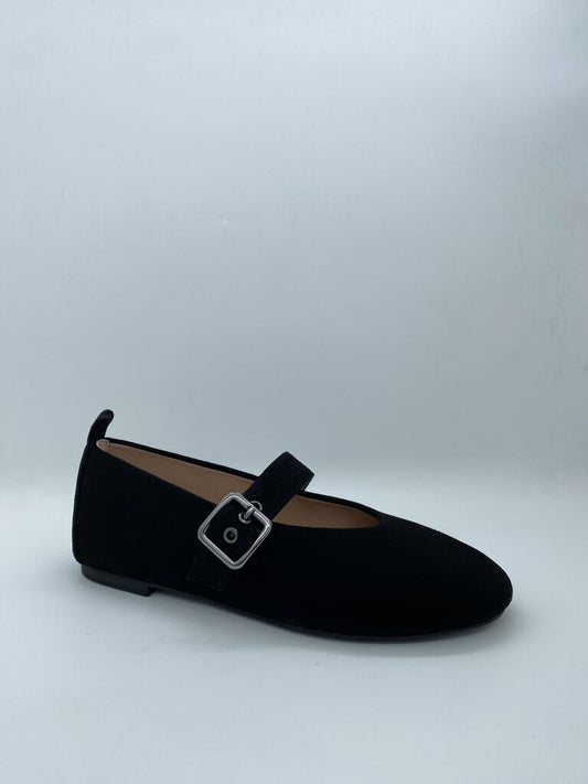 Black Velvety Mary Jane Flats with Buckle Detail