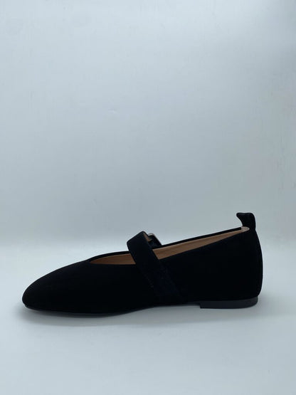 Black Velvety Mary Jane Flats with Buckle Detail