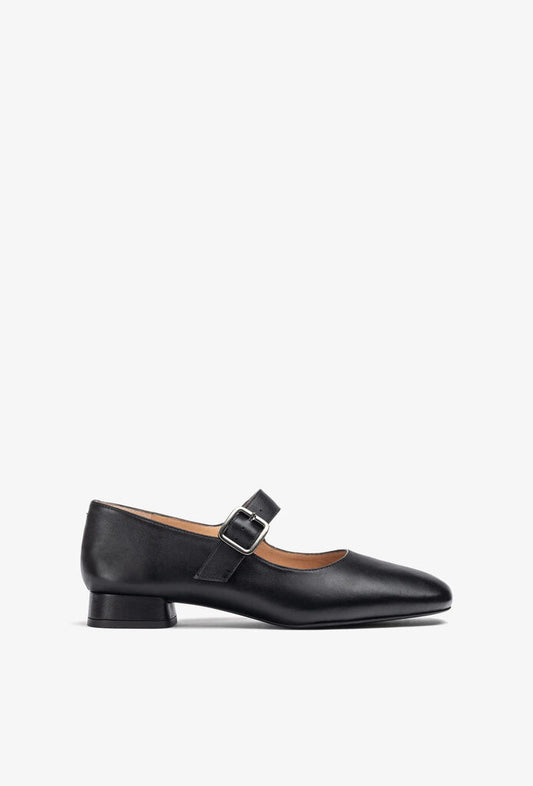 Black Leather Mary Jane Flats with Buckle Detail