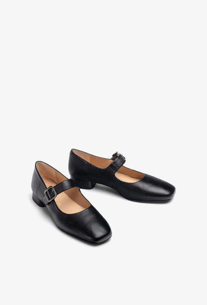 Black Leather Mary Jane Flats with Buckle Detail