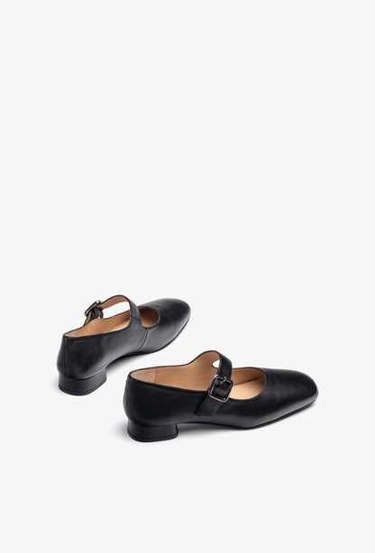 Black Leather Mary Jane Flats with Buckle Detail