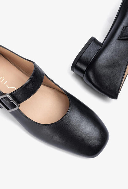 Black Leather Mary Jane Flats with Buckle Detail