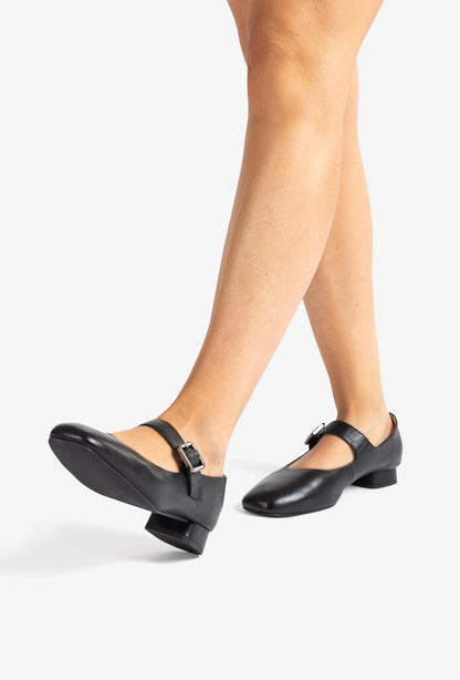Black Leather Mary Jane Flats with Buckle Detail