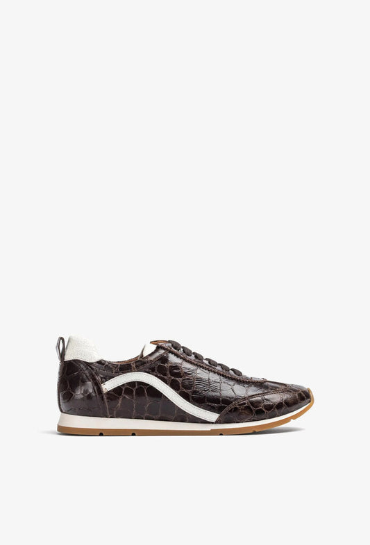 Dark Brown Crocodile Texture Sneakers with Contrast Stripe
