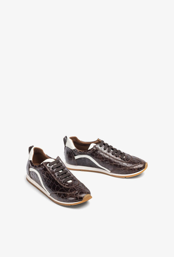 Dark Brown Crocodile Texture Sneakers with Contrast Stripe