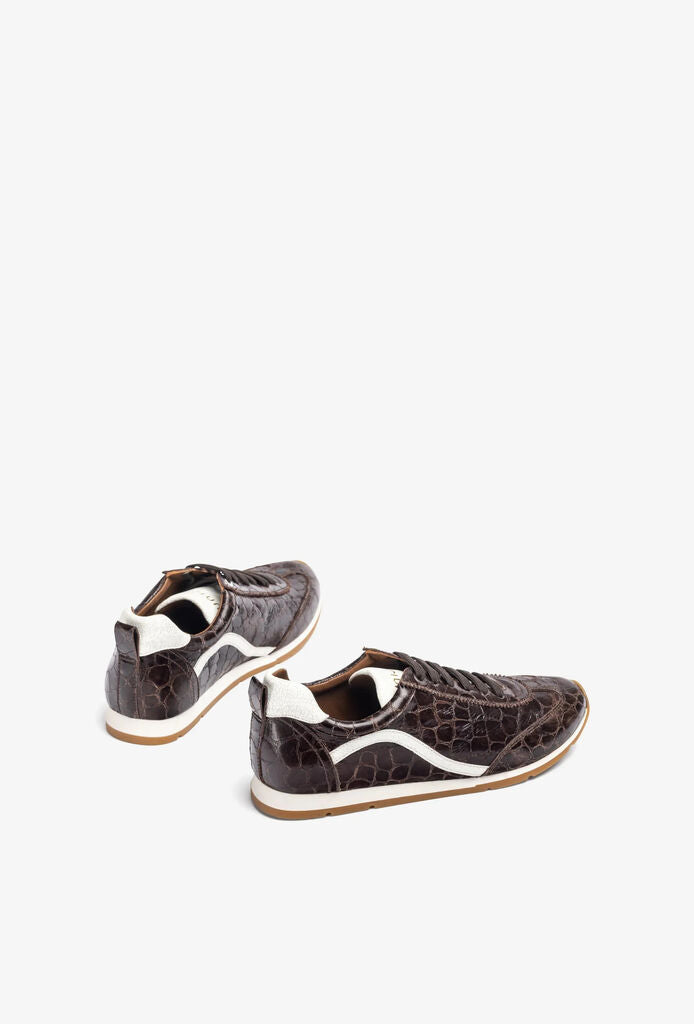 Dark Brown Crocodile Texture Sneakers with Contrast Stripe
