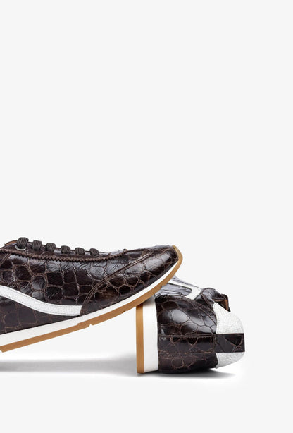 Dark Brown Crocodile Texture Sneakers with Contrast Stripe