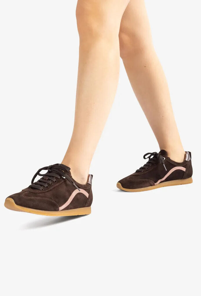 Brown Suede Sneakers with Pink Accent