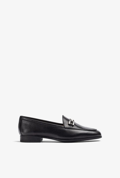 Black Leather Loafers with Metal Accent