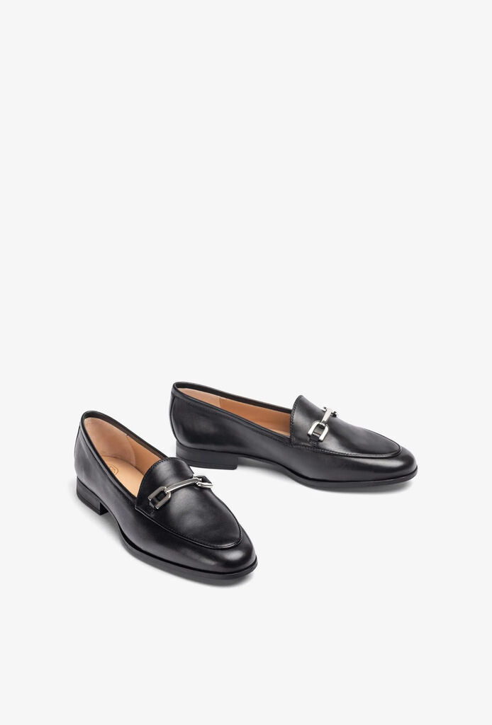 Black Leather Loafers with Metal Accent
