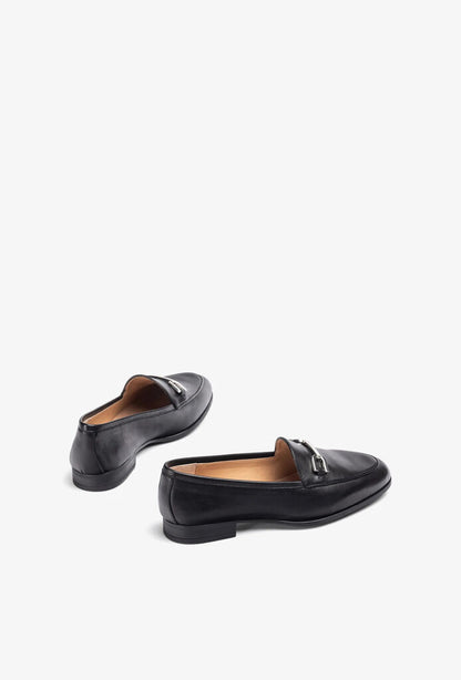 Black Leather Loafers with Metal Accent
