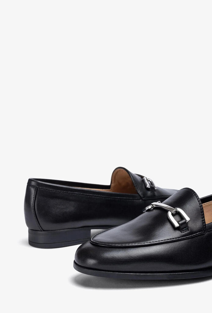 Black Leather Loafers with Metal Accent