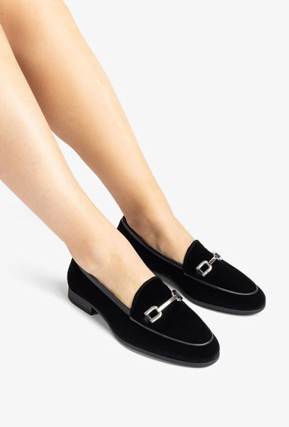 Black Velvet Loafers with Metal Accent