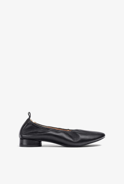 Black Leather Ballet Flats with Ruched Detail