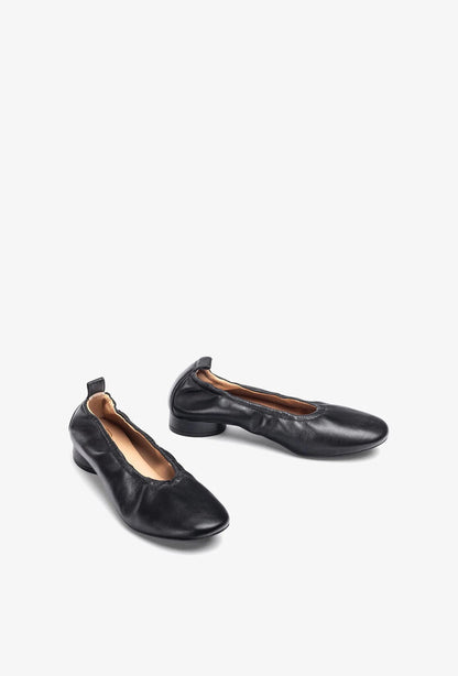 Black Leather Ballet Flats with Ruched Detail