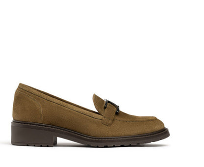 Olive Suede Loafers with Buckle Detail