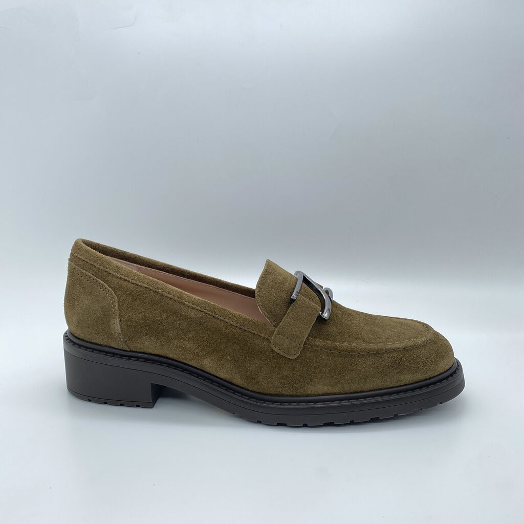 Olive Suede Loafers with Buckle Detail