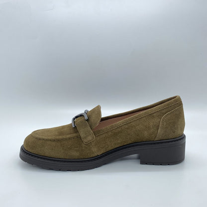 Olive Suede Loafers with Buckle Detail