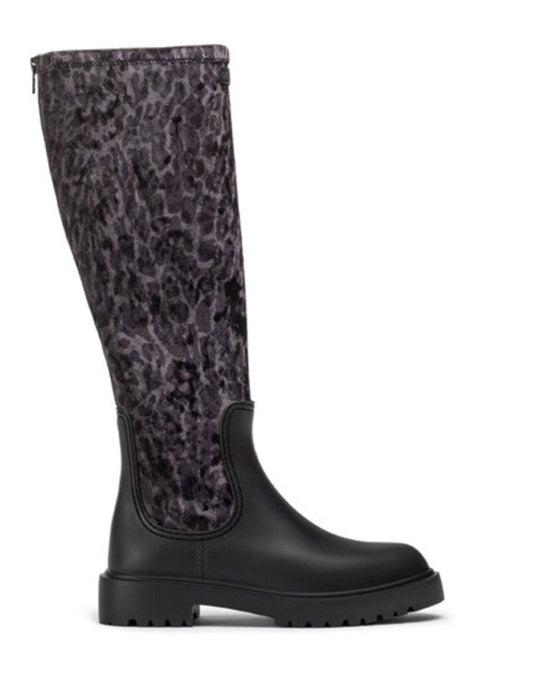 Black Animal Print Tall Boots with Lug Sole