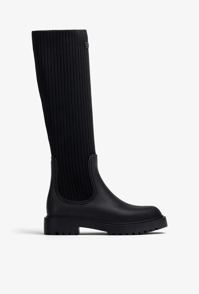 Black Ribbed Knit Knee-High Boots